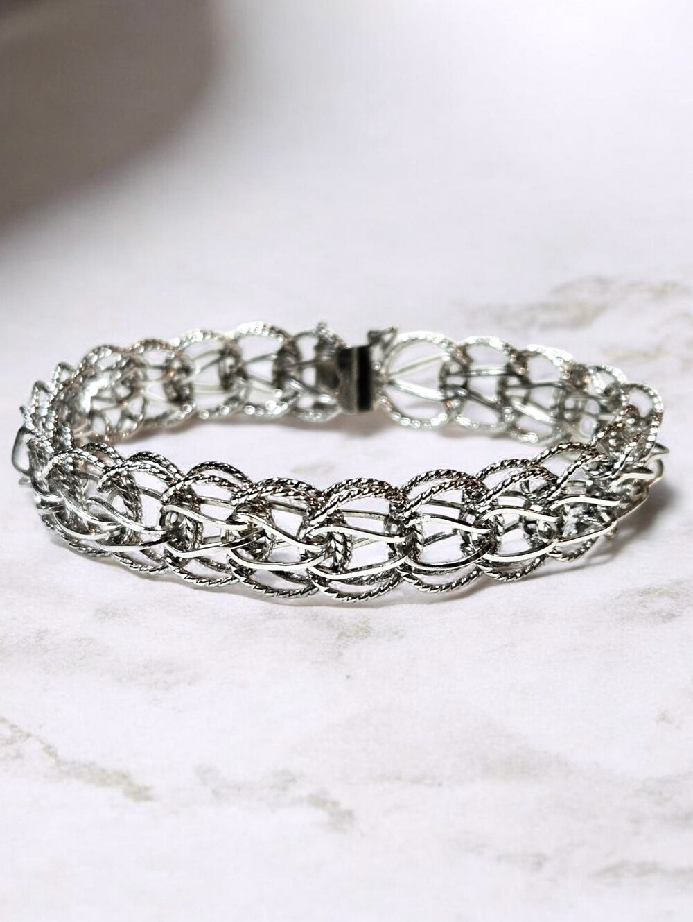 Vintage Sterling Silver double Link open weave Charm Bracelet